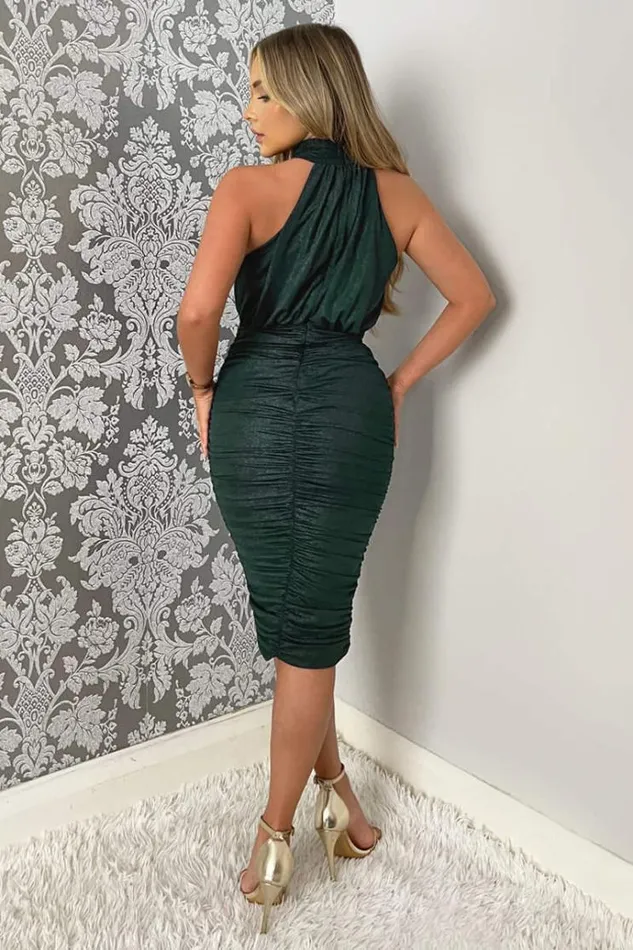 AX Paris Teal Shimmer High Neck Ruched Bodycon Midi Dress Women Dresses