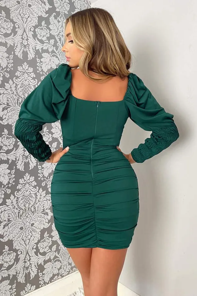 AX Paris Teal Shirred Sleeve Ruched Skirt Mini Bodycon Dress Women Dresses