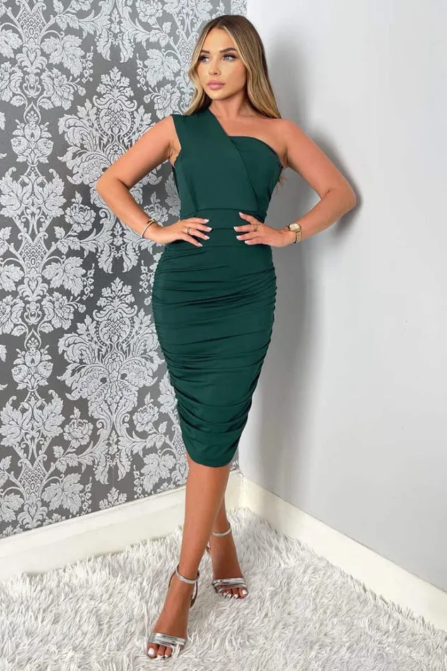 AX Paris Teal Shoulder Ruched Bodycon Midi Dress Women Dresses