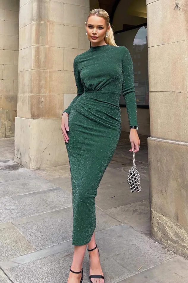 AX Paris Teal Sparkly Long Sleeve Ruched Bodycon Midi Dress Women Dresses