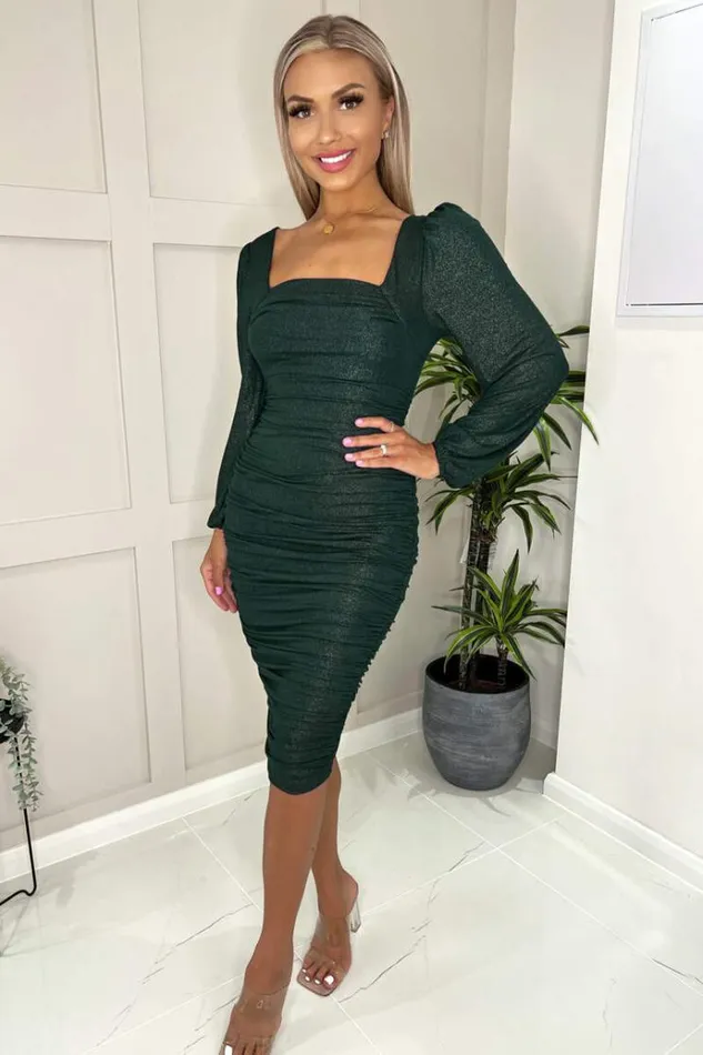 AX Paris Teal Square Neck Long Sleeve Ruched Shimmer Midi Dress Women Dresses AX Paris Teal Square Neck Long Sleeve Ruched Shimmer Midi Dress Women Dresses