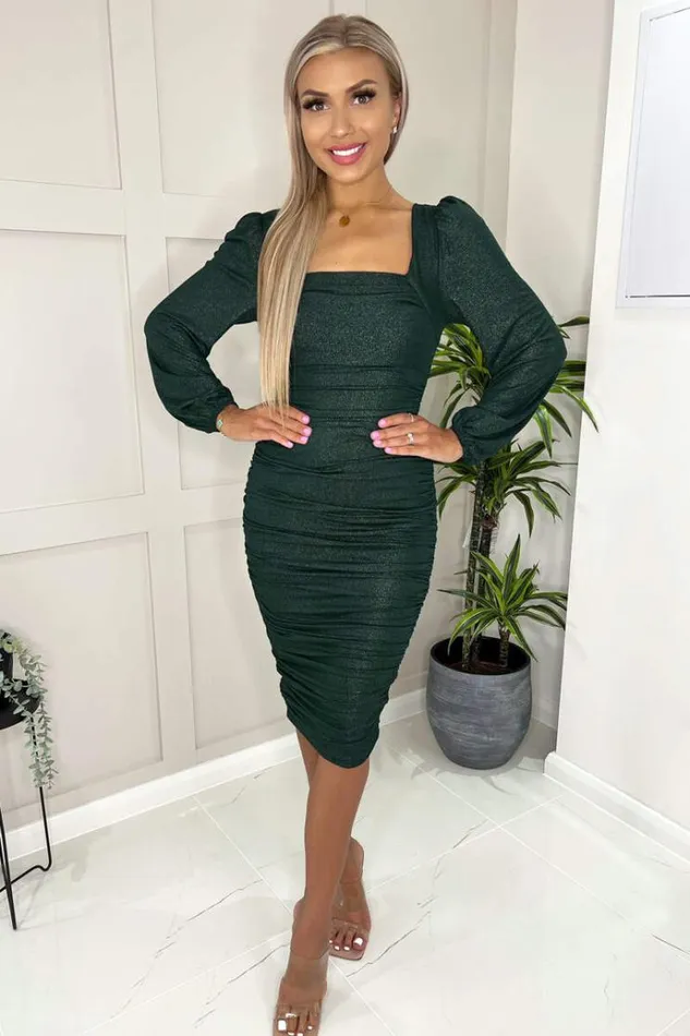 AX Paris Teal Square Neck Long Sleeve Ruched Shimmer Midi Dress Women Dresses