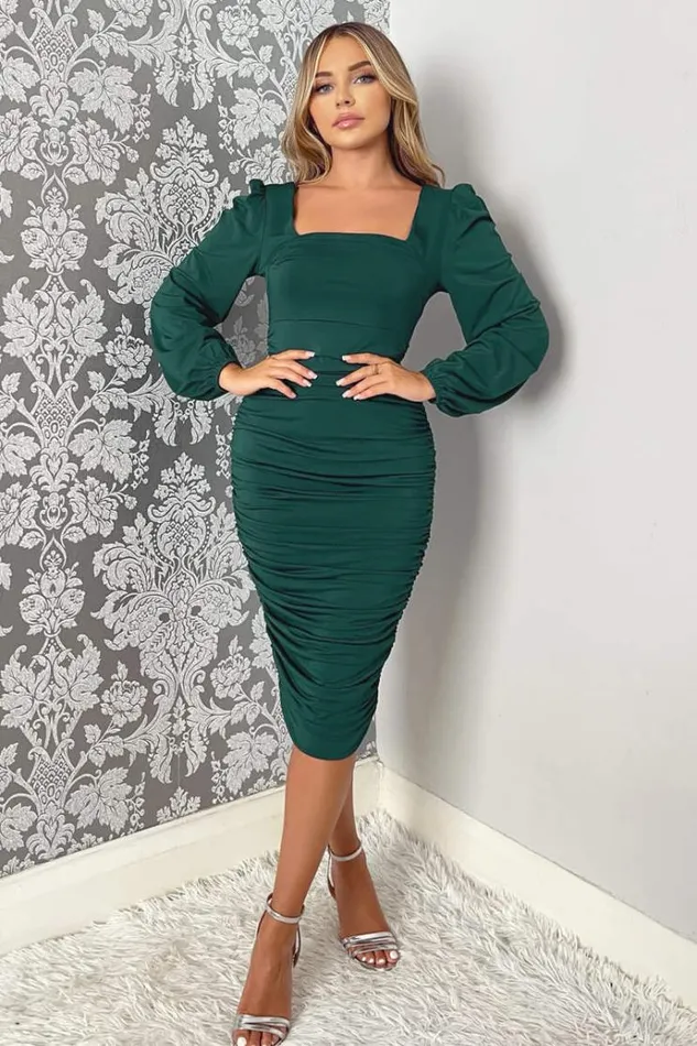 AX Paris Teal Square Neck Ruched Long Sleeve Midi Dress Women Dresses