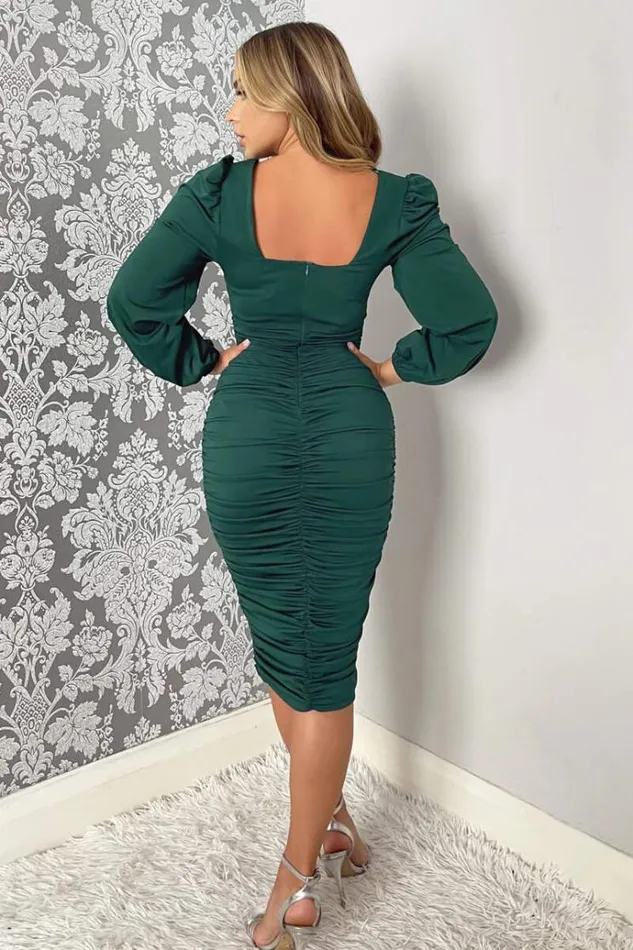 AX Paris Teal Square Neck Ruched Long Sleeve Midi Dress Women Dresses