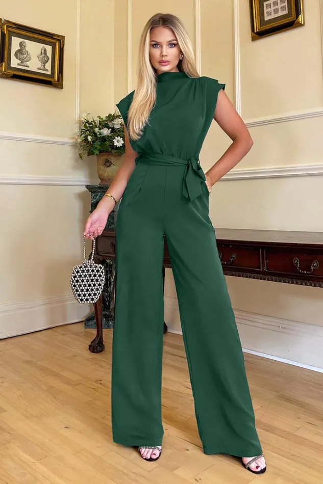 AX Paris Teal Tie Waist Wide Leg Jumpsuit Women Jumpsuits And Playsuits