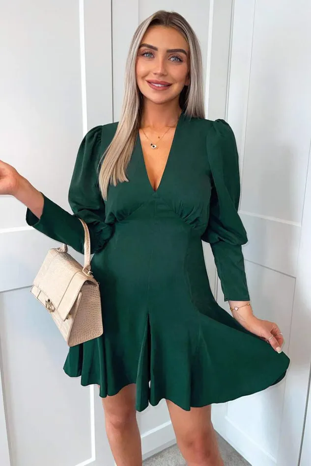 AX Paris Teal VNeck Long Sleeve Skater Dress Women Dresses