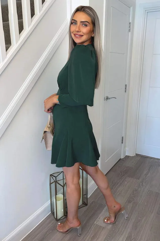 AX Paris Teal VNeck Long Sleeve Skater Dress Women Dresses