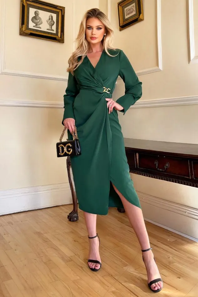AX Paris Teal Wrap Gold Buckle Midi Dress Women Dresses