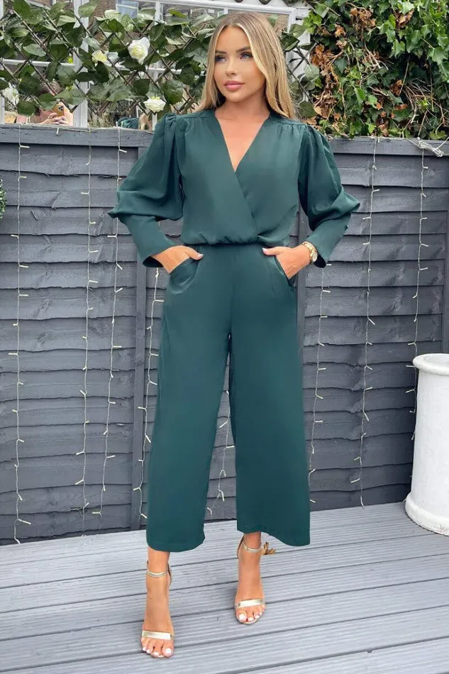 AX Paris Teal Wrap Top Long Sleeve Culotte Jumpsuit Women Jumpsuits And Playsuits
