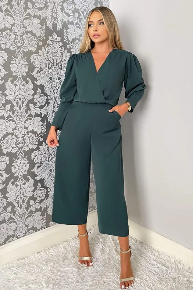 AX Paris Teal Wrap Top Long Sleeve Culotte Jumpsuit Women Jumpsuits And Playsuits