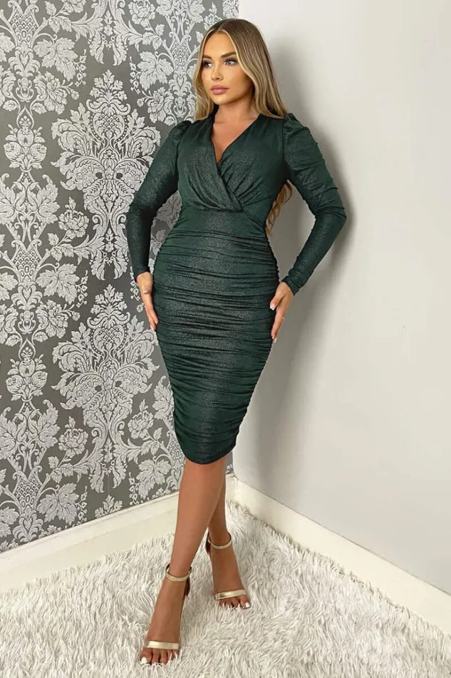 AX Paris Teal Wrap Top Long Sleeve Ruched Shimmer Bodycon Midi Dress Women Dresses AX Paris Teal Wrap Top Long Sleeve Ruched Shimmer Bodycon Midi Dress Women Dresses