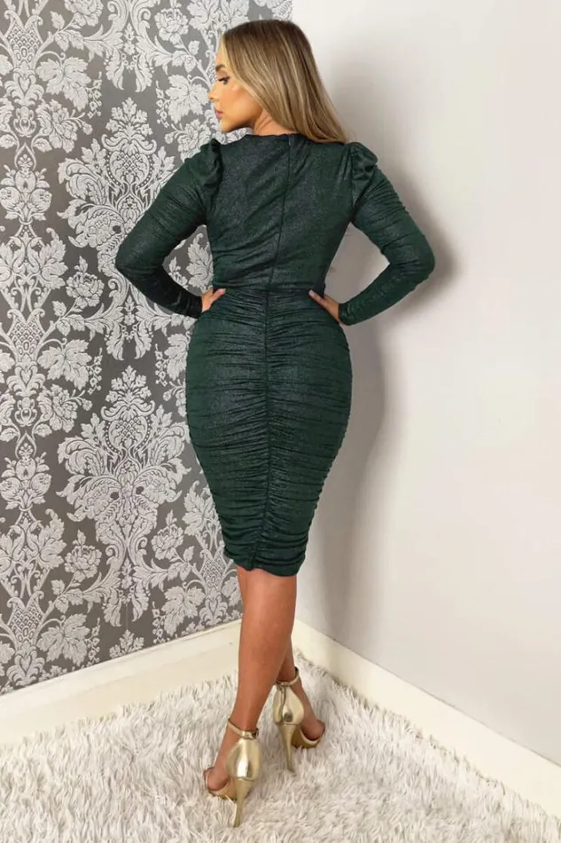 AX Paris Teal Wrap Top Long Sleeve Ruched Shimmer Bodycon Midi Dress Women Dresses