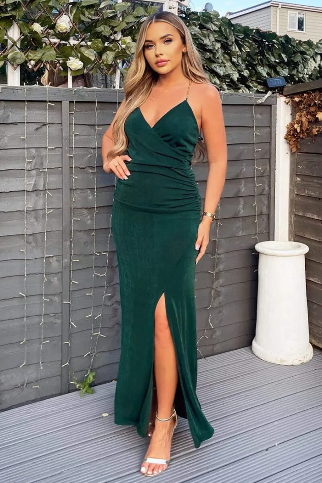 AX Paris Teal Wrap Top Ruched Side Chain Strap Midi Dress Women Dresses