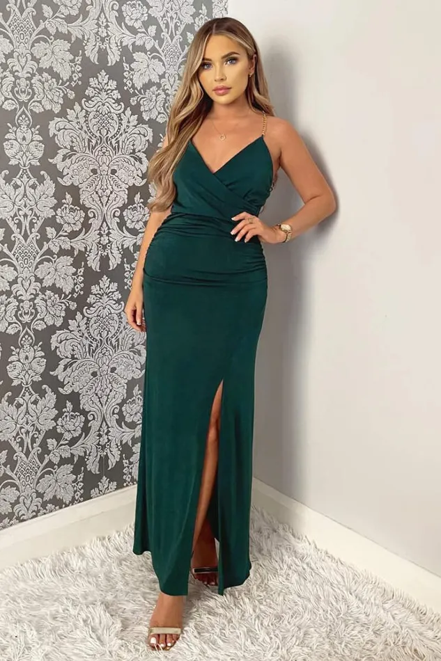 AX Paris Teal Wrap Top Ruched Side Chain Strap Midi Dress Women Dresses