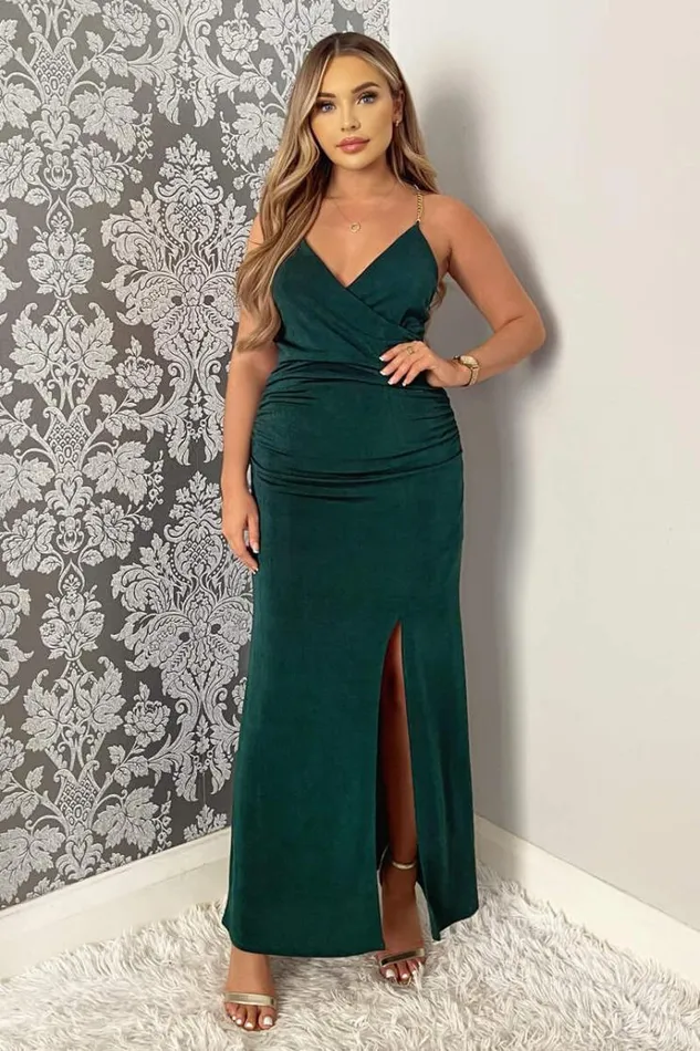 AX Paris Teal Wrap Top Ruched Side Chain Strap Midi Dress Women Dresses