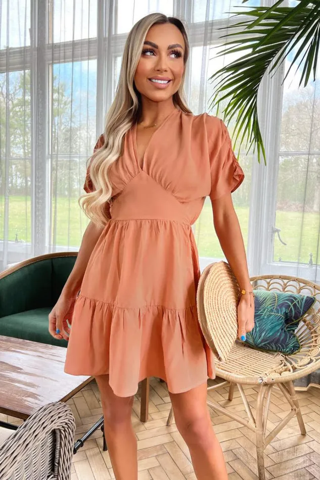 AX Paris Terracotta Short Sleeve Tie Back V Neck Mini Dress Women Dresses