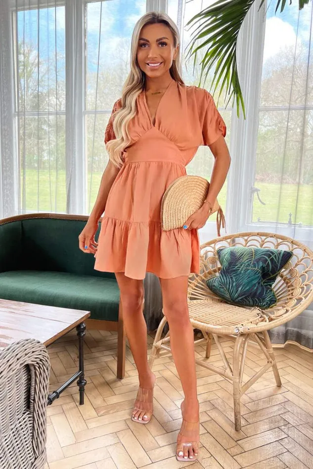 AX Paris Terracotta Short Sleeve Tie Back V Neck Mini Dress Women Dresses