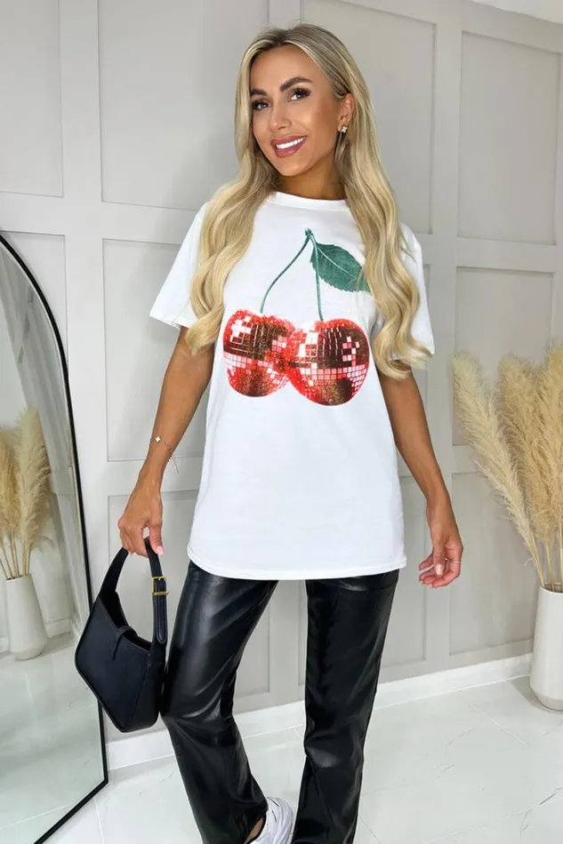 AX Paris White Glitter Cherry Print TShirt Women Tops