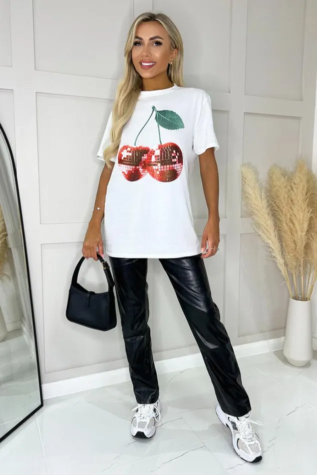 AX Paris White Glitter Cherry Print TShirt Women Tops