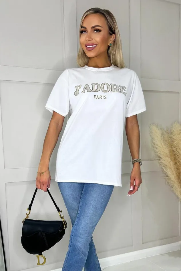 AX Paris White J039Adore Gold Slogan TShirt Women Tops