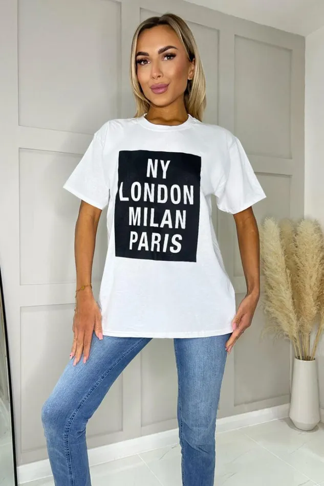 AX Paris White NY London Milan Paris Slogan TShirt Women Tops