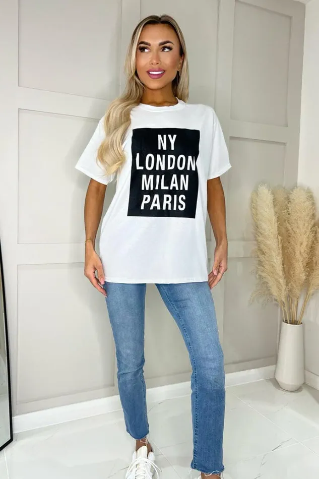 AX Paris White NY London Milan Paris Slogan TShirt Women Tops