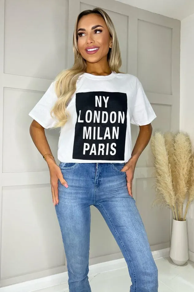 AX Paris White NY London Milan Paris Slogan TShirt Women Tops