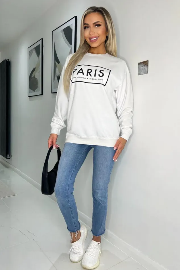 AX Paris White Paris Slogan Crew Neck Sweatshirt Women Loungewear