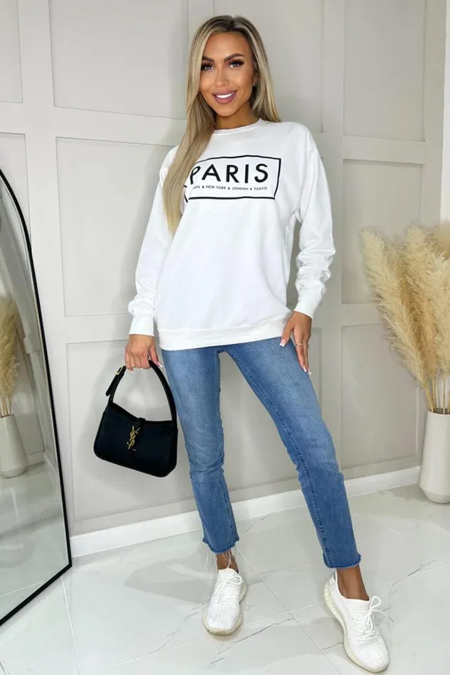 AX Paris White Paris Slogan Crew Neck Sweatshirt Women Loungewear