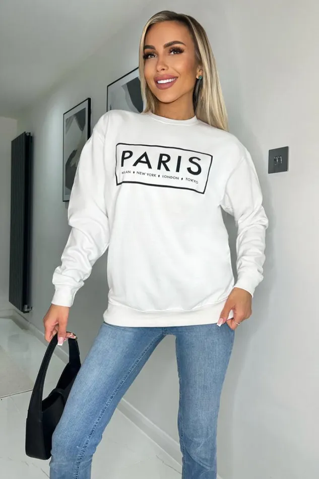 AX Paris White Paris Slogan Crew Neck Sweatshirt Women Tops