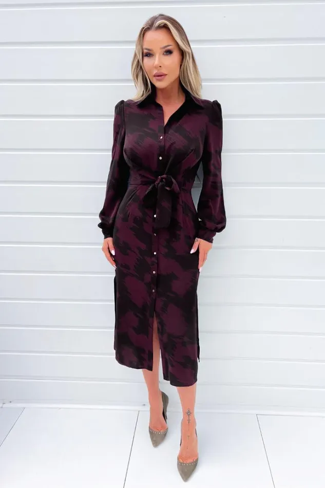 AX Paris Wine And Black Printed Button Front Tie Shirt Dress Women Dresses