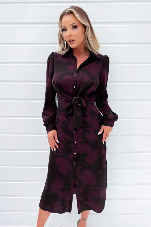 AX Paris Wine And Black Printed Button Front Tie Shirt Dress Women Dresses