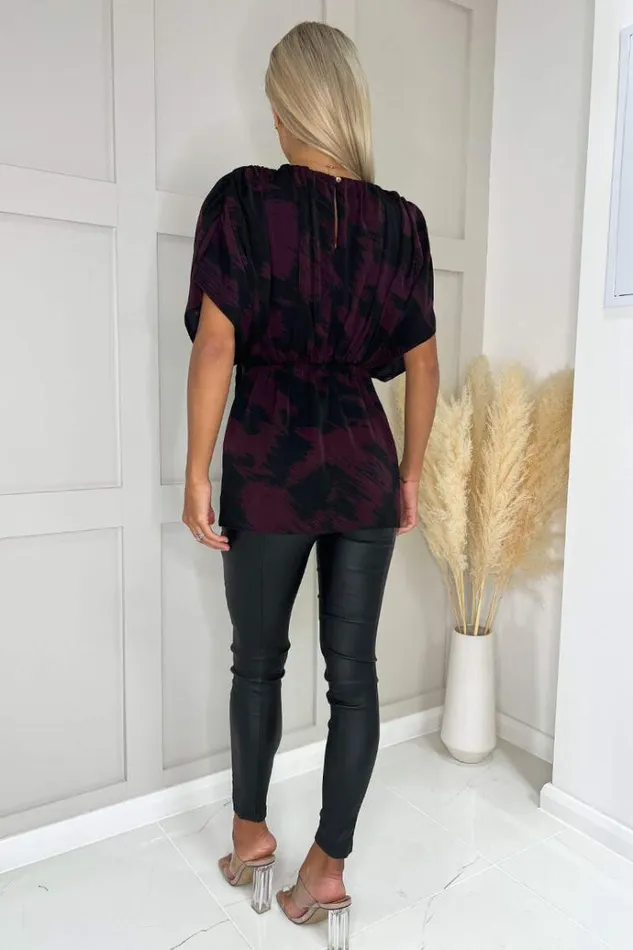 AX Paris Wine And Black Ruched Shoulder Batwing Top Women Tops