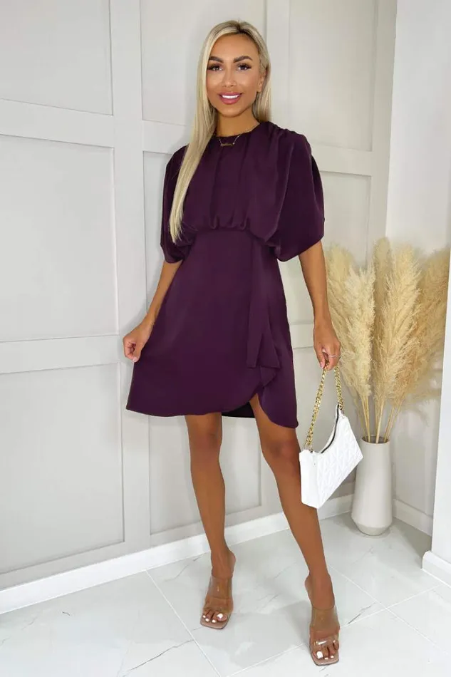 AX Paris Wine Batwing Gathered Top Mini Dress Women Dresses