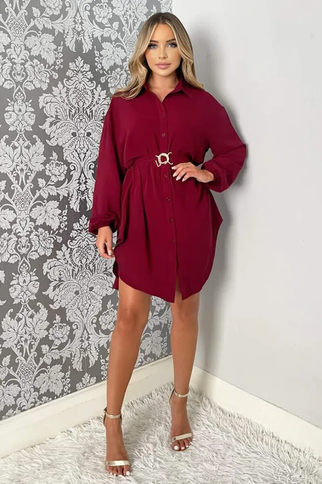 AX Paris Wine Belted Long Sleeve Shirt Dress Women Dresses