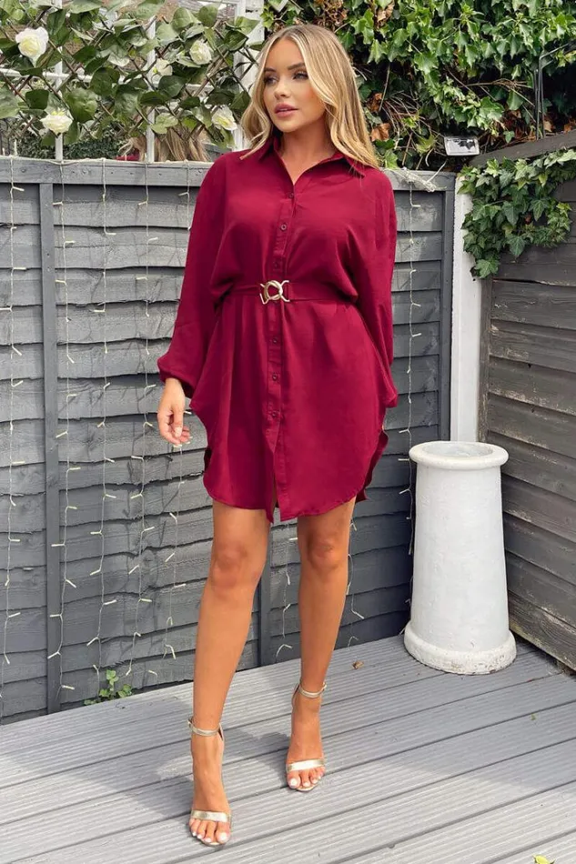 AX Paris Wine Belted Long Sleeve Shirt Dress Women Dresses