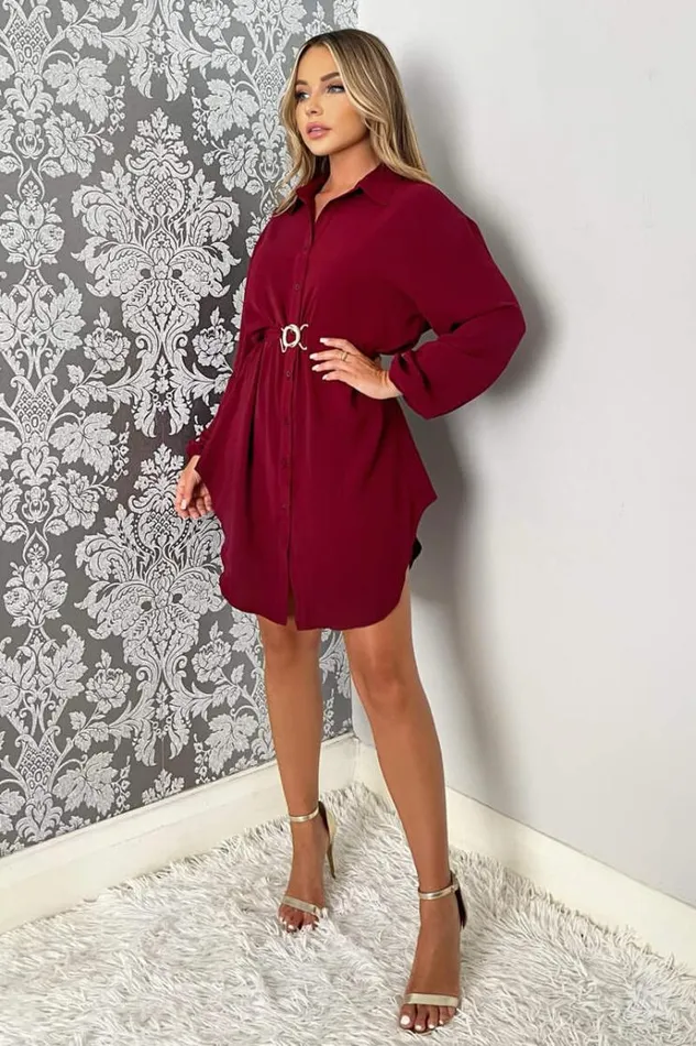 AX Paris Wine Belted Long Sleeve Shirt Dress Women Dresses
