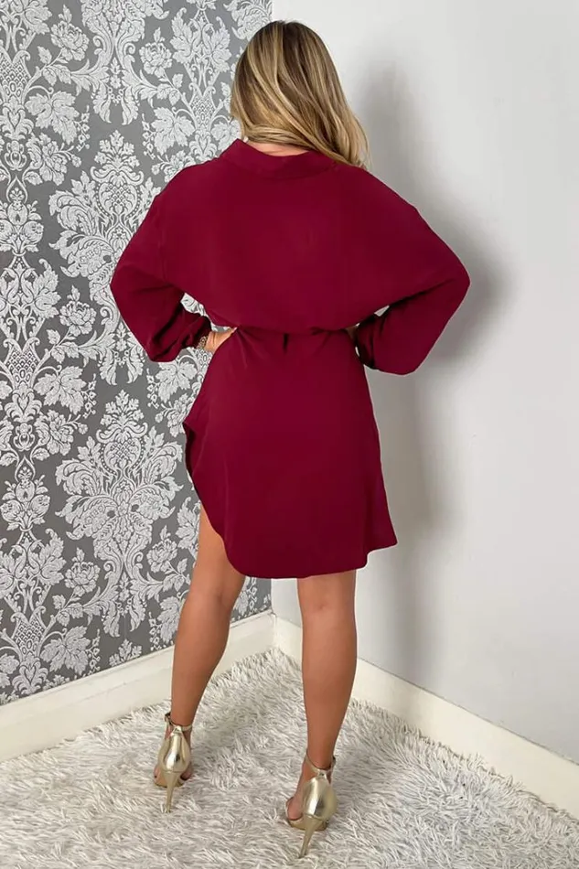 AX Paris Wine Belted Long Sleeve Shirt Dress Women Dresses