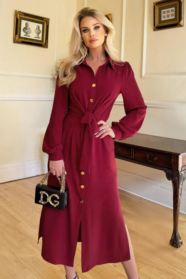 AX Paris Wine Button Front Tie Shirt Midi Dress Women Dresses