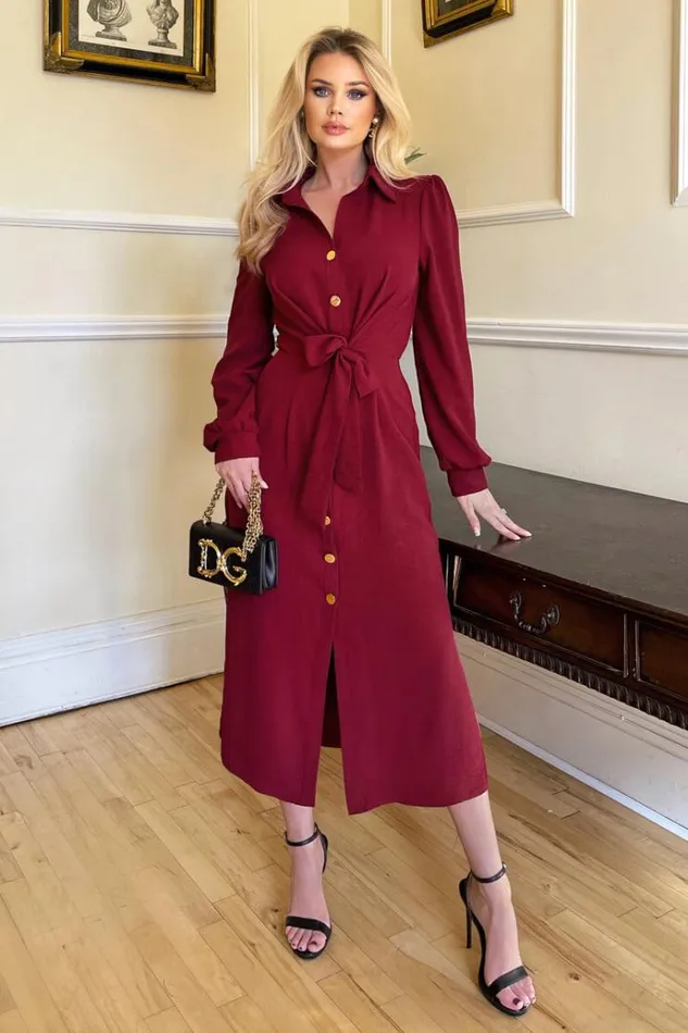 AX Paris Wine Button Front Tie Shirt Midi Dress Women Dresses