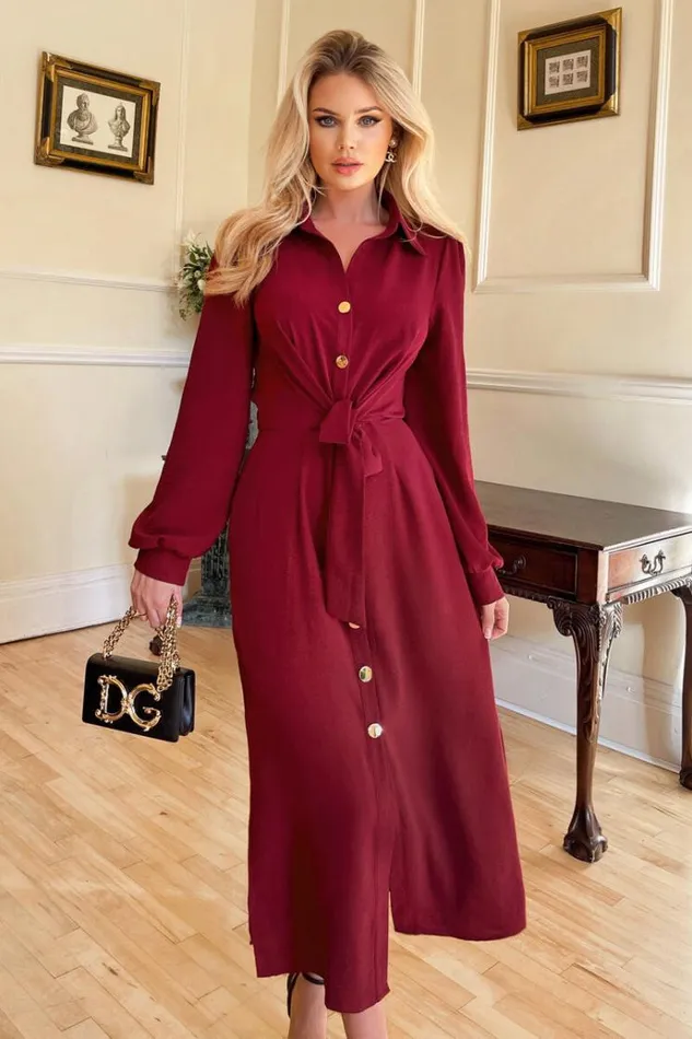 AX Paris Wine Button Front Tie Shirt Midi Dress Women Dresses