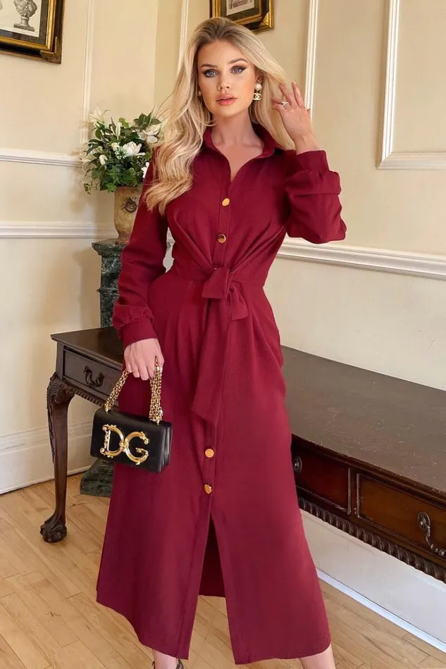 AX Paris Wine Button Front Tie Shirt Midi Dress Women Dresses