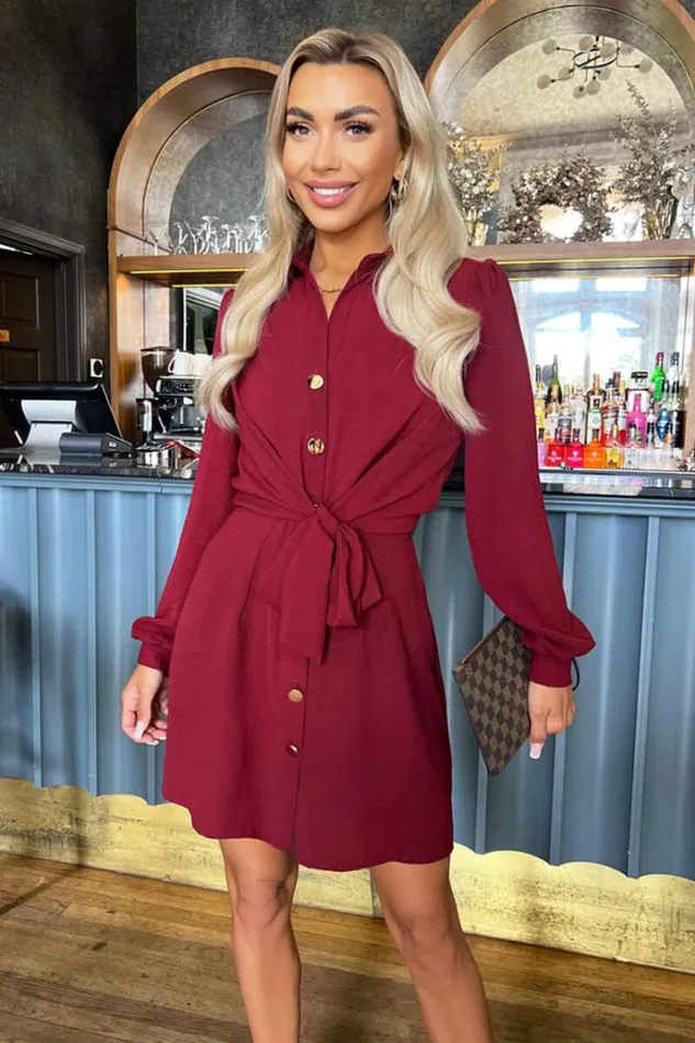 AX Paris Wine Button Tie Front Mini Shirt Dress Women Dresses