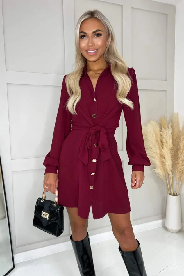 AX Paris Wine Button Tie Front Mini Shirt Dress Women Dresses