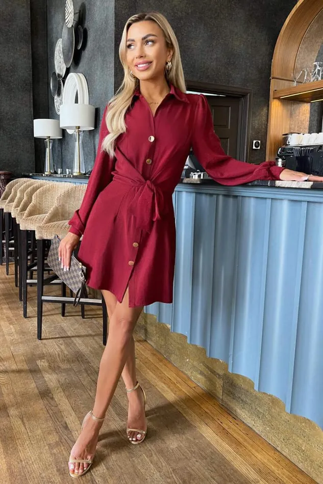 AX Paris Wine Button Tie Front Mini Shirt Dress Women Dresses