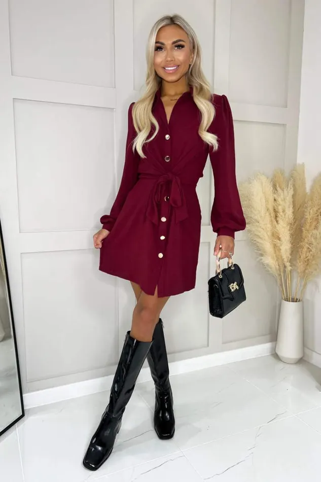 AX Paris Wine Button Tie Front Mini Shirt Dress Women Dresses