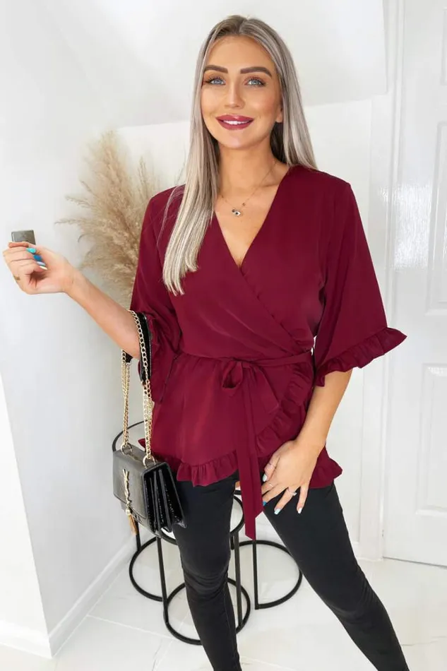 AX Paris Wine Frill Hem Wrap Top Women Tops