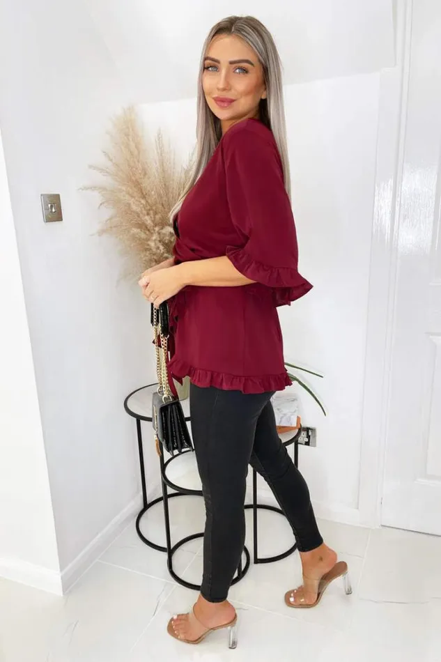 AX Paris Wine Frill Hem Wrap Top Women Tops