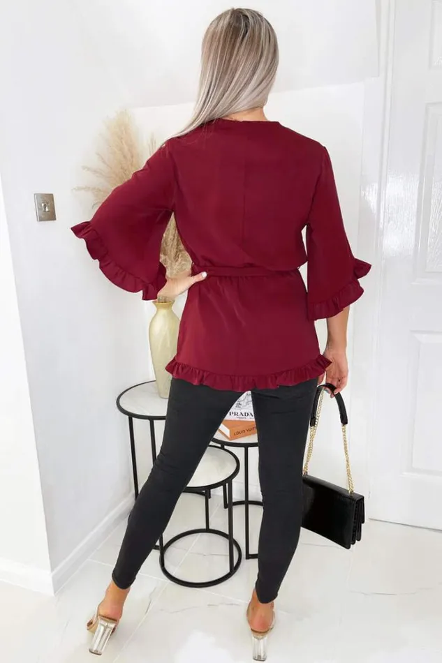 AX Paris Wine Frill Hem Wrap Top Women Tops