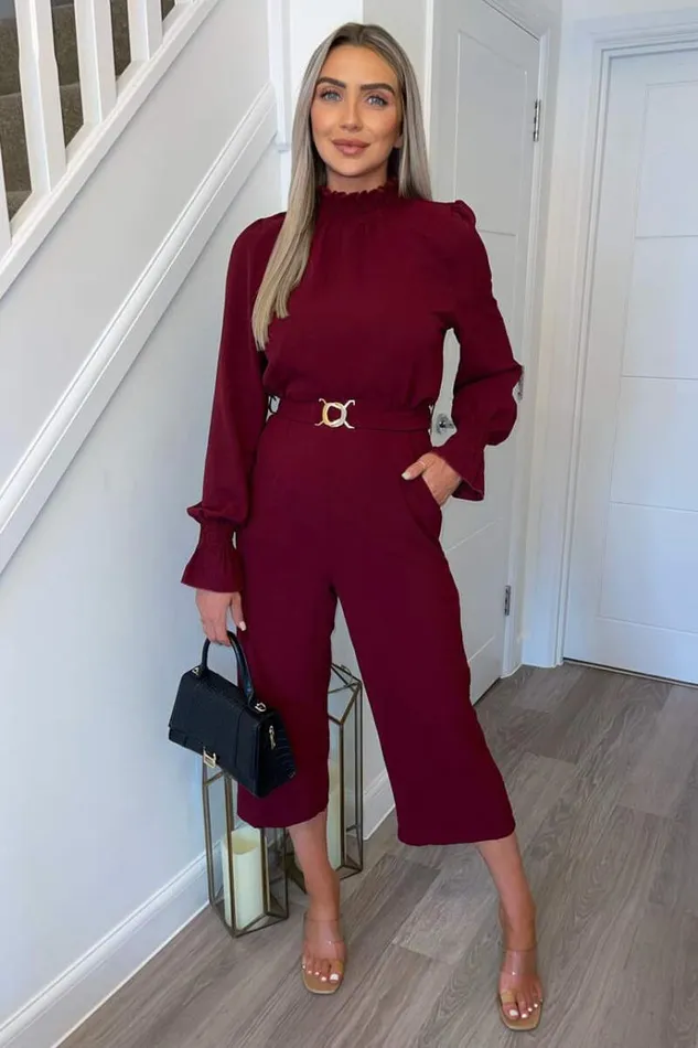 AX Paris Wine High Neck Long Sleeve Belted Jumpsuit Women Jumpsuits And Playsuits AX Paris Wine High Neck Long Sleeve Belted Jumpsuit Women Jumpsuits And Playsuits